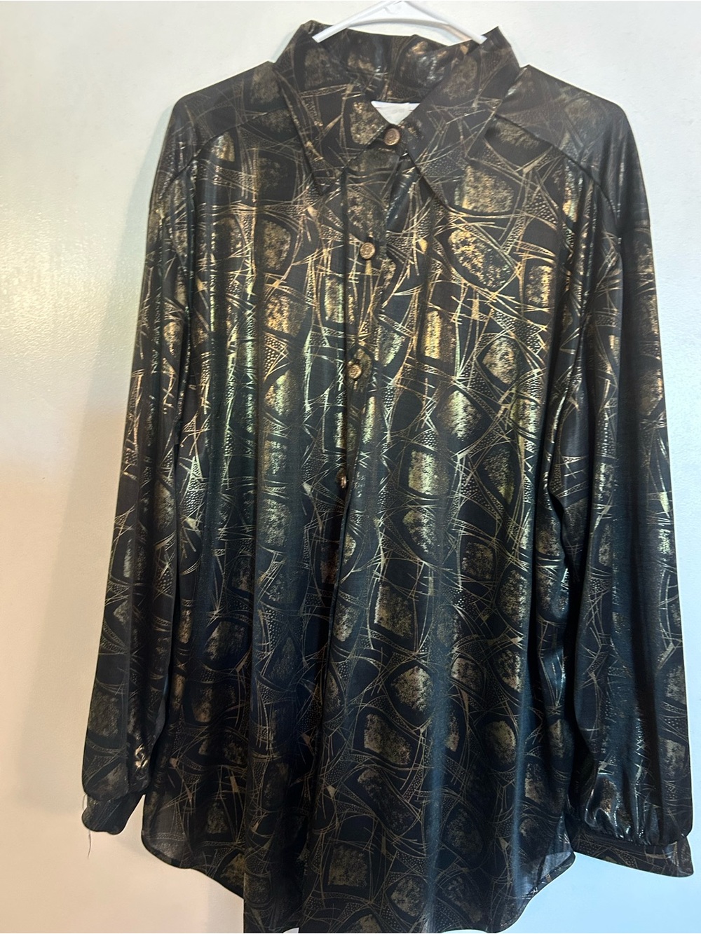 Women's Black Button-Down Shirt with Metallic Gold Pattern